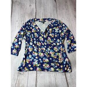 Lauren Ralph Lauren Faux Wrap Top Women 2X Blue Floral Boho Ruched 3/4‎ Sleeve